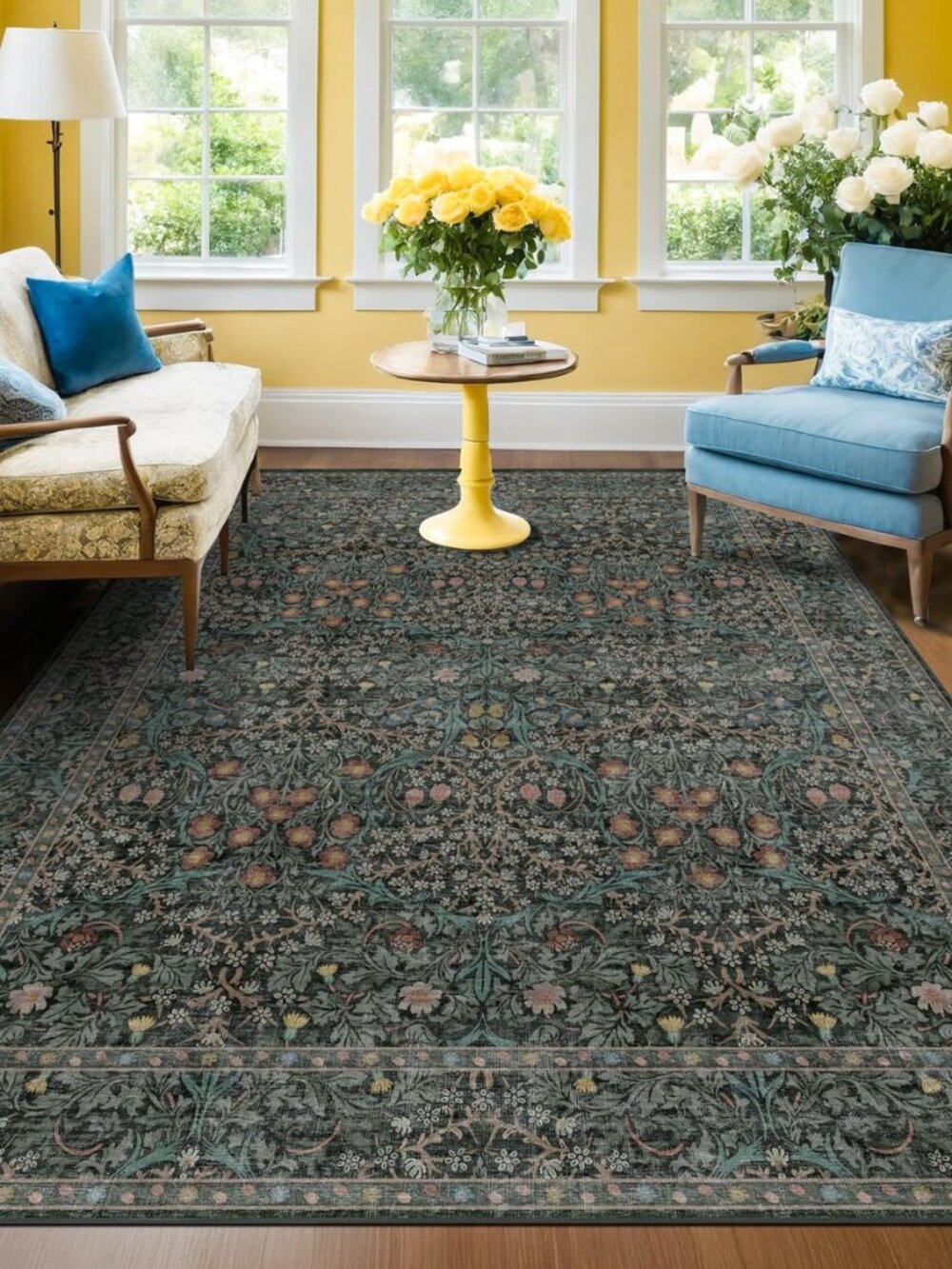 Dark Green Floral Living Room Rug 5x7 Area Rug - Vintage Forest Washable Mat for
